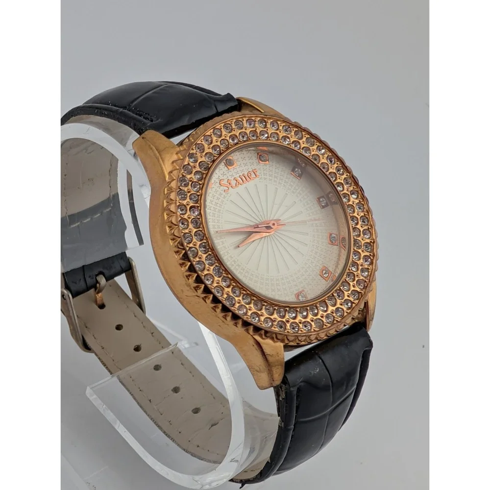 Stauer Sirene Watch Women 38mm Rose Gold Tone Black Leather‎ Band- New Battery